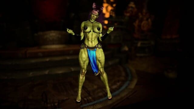 Muscular feral orc queen in bikini armor dancing and flexing her biceps