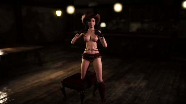 Shameless beauty Tifa Lockhart in cowgirl outfit dancing in Seventh Heaven