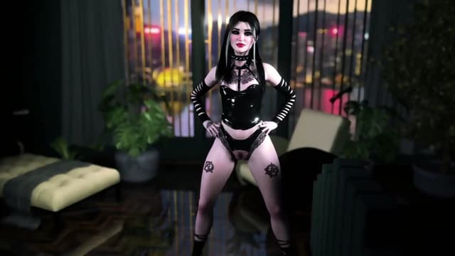 Young goth girl in sexy latex outfit shows off her pale tattooed body