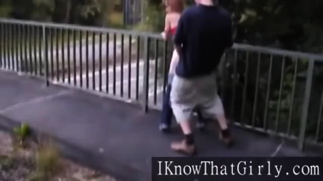 Skinny redhead blow and fuck on the bridge